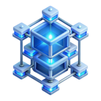 elegant minimalist A network of interconnected servers forming a complex, geometric structure, glowing with internal light, illuminated by soft blue light, isometric style 4K png