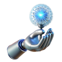 impressive creative A gleaming chrome robotic hand delicately holding a single dandelion seed, illuminated by a soft, ethereal blue light, in a highly detailed, photorealistic style high quality png