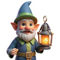 beautiful creative A whimsical gnome with a pointed hat and a mischievous grin, holding a glowing lantern, illuminated by the warm light of the lantern itself premium png