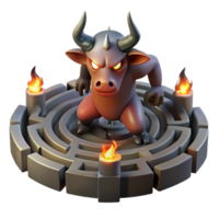 serene modern A powerful minotaur trapped within a labyrinth, lit by flickering torches, in a dark, chiaroscuro style authentic png
