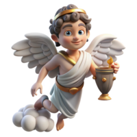 vibrant creative A mischievous Greek Hermes, the messenger god, with winged sandals and a caduceus, delivering a message amidst a swirling cloud of dust, classical Greek vase painting style authentic png