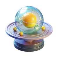 vibrant modern A transparent, holographic display showing a rotating model of the solar system, illuminated by soft yellow light, educational style professional png