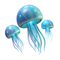 impressive classic A group of luminous jellyfish gracefully drifting through a dark ocean, bioluminescent glow providing the only light, in an abstract, ethereal style authentic png