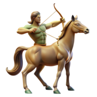 extraordinary modern A solitary centaur with the upper body of a human and the lower body of a horse, aiming a bow and arrow, illuminated by the dappled sunlight of a forest high quality png