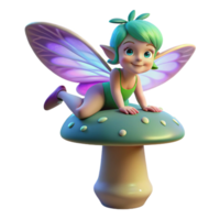 extraordinary artistic A mischievous pixie with iridescent wings, perched on a giant, bioluminescent mushroom, casting a playful, dappled light 4K png