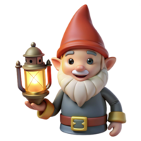 impressive classic A whimsical gnome with a pointed hat and a mischievous grin, holding a glowing lantern, illuminated by the warm light of the lantern itself high quality png