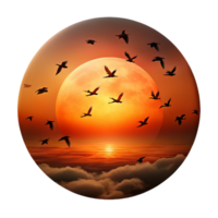 stunning classic A flock of migrating birds silhouetted against a fiery sunset sky, in a dramatic, cinematic style genuine png