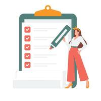 Flat illustration of woman hold giant pen standing with checklist clipboard to do list task management isolated on transparent background vector