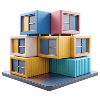 vibrerande rustik prefabricerad modul- hus enheter, staplade i en dynamisk sammansättning, ljus och färgrik, modern och minimalistisk, arkitektonisk visualisering stil, professionell png