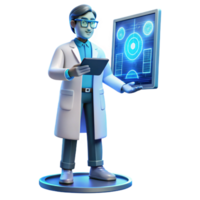 elegant modern A scientist wearing a futuristic lab coat analyzing data on a holographic display, illuminated by cool blue light, scientific illustration style authentic png