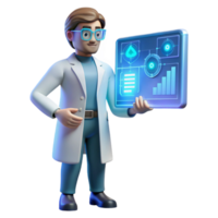 dramatic artistic A scientist wearing a futuristic lab coat analyzing data on a holographic display, illuminated by cool blue light, scientific illustration style high resolution png