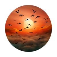 serene creative A flock of migrating birds silhouetted against a fiery sunset sky, in a dramatic, cinematic style authentic png