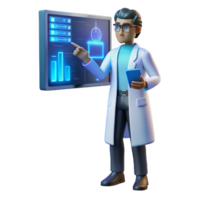 dramatic rustic A scientist wearing a futuristic lab coat analyzing data on a holographic display, illuminated by cool blue light, scientific illustration style 4K png