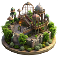 dramatic vintage Abandoned amusement park overgrown with vegetation, eerie lighting, dystopian style authentic png