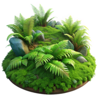extraordinary artistic A lush green forest floor covered in moss and ferns, dappled sunlight, realistic render style authentic png