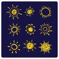 Set of yellow suns in Flat design isolated dark background. vector
