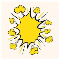 Cartoon explosion effect. comic bomb explosion. Energy scribble hit, speed crash with sparks on yellow background. vector