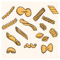 Hand-drawn illustration set of various pasta and macaroni with doodle style drawing vector