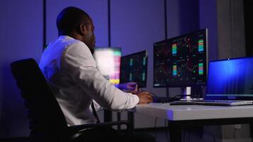 Stock traders analyzing market charts on multiple monitors video