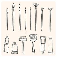 Hand drawn set of artist tools doodle. Art supplies in sketch style. Easel, brushes, paint, pencils. illustration isolated on cream background vector