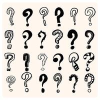 Hand-drawn question mark icons on white background. Variety of icons each depicted in charming monochrome line art s vector