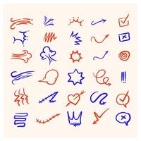 A collection of colorful hand drawn charcoal doodles. Pencil drawings arranged in squiggly shapes and forms. vector
