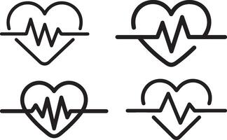 Set of simple black outline outline icons of hearts with heartbeat waveforms. vector