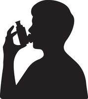 A simple profile view Silhouette of person using inhaler for breathing relief vector
