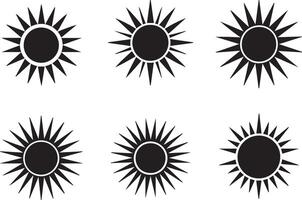 A set of six stylized various shape sun icons in a simple black and white design. vector