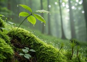 Natural background with moss, dew drops and blurred forest background. photo