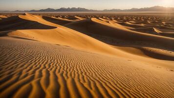 Sand dunes in the desert with soft lighting and a golden hue photo