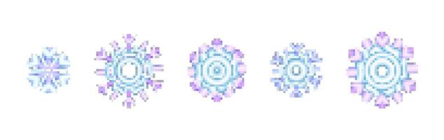 Pixel snowflakes in a row. Winter theme with blue and purple colors. 3d set snowflakes instyle Pixel art on the white background vector