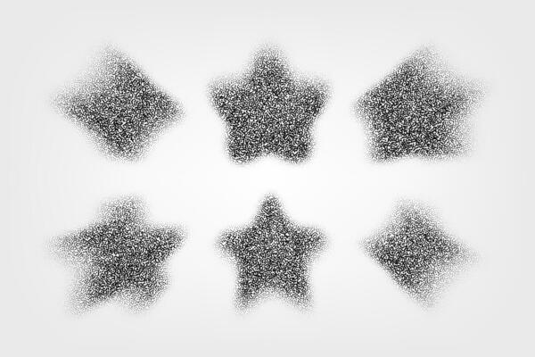 Glittering Stars . Grainy icons of stars. Collection gray 3D stars in style y2k. Halftone Dots. Set of different black and white star shapes