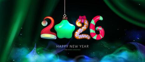 Happy New Year 2026.Realistic funny design from numbers in the shape decorations for New Year and Merry Christmass postcard for 2026. Scene with royal luxurious green silk draperies. vector