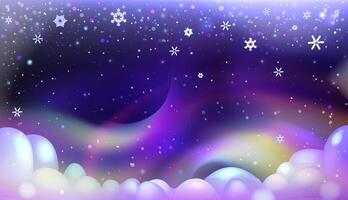 Pixelated Snowy Night Sky with sparkling stars, clouds and rainbow.Merry Christmas and Happy New Year. Pixelated night sky with aurora vector