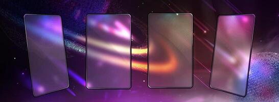 Abstract smartphones in a sci digital cosmos setting. Glassmorphism screen smartphone. Transparent matt glass plates on the background space with planets, stars and comets vector