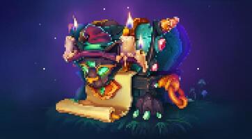 Gaming Pixelated Witch cat chest with an ancient scroll and burning candles. Enchanting Witch's Treasure Chest with Magical Candles and Scroll vector
