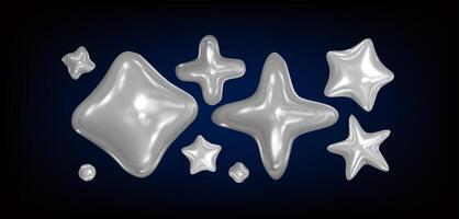3d chrome set holographic stars . Isolated silver abstract elements in y2k style and 90s design. Metal fluid shapes. Aluminum stars and shapes on a dark background vector