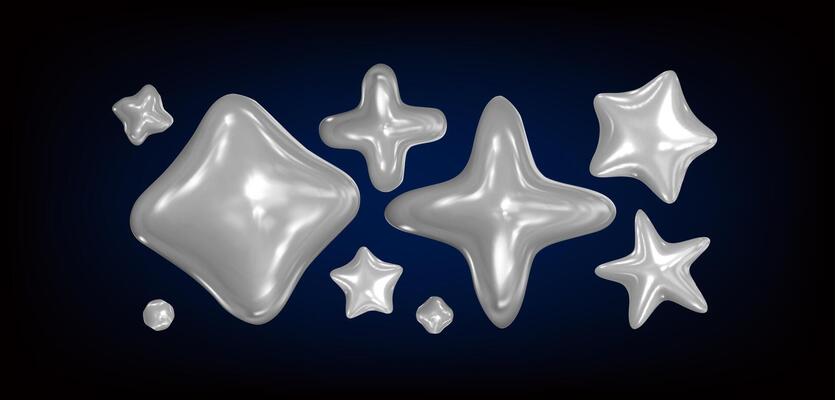 3d chrome set holographic stars . Isolated silver abstract elements in y2k style and 90s design. Metal fluid shapes. Aluminum stars and shapes on a dark background