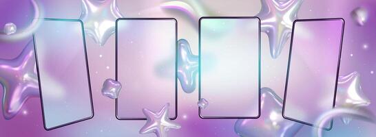 Purple pastel tablet and phone design. Glassmorphism screen smartphone. Transparent matt glass plates on the background 3d set holographic stars . Cyber Design in y2k style and 90s design vector