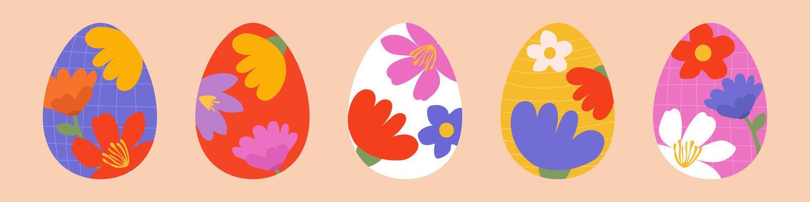 Set of creative easter eggs with abstract flowers. Easter modern concept.