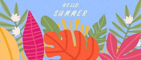 Summer horizontal abstract background with colorful tropical leaves hand drawn. vector