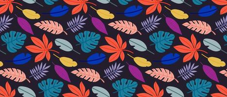 Bright tropical leaves on a dark background, seamless pattern. vector