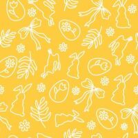 Seamless Easter pattern in doodle style with eggs, bunnies and bows. vector