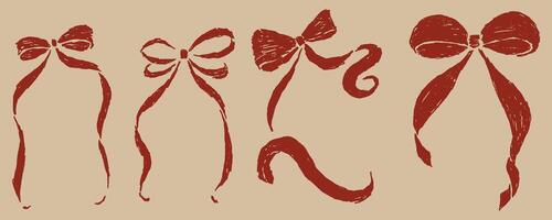 This vintage inspired bow illustration set features hand-drawn, textured ribbons in a retro aesthetic. The elegant brushstroke effect and warm earthy tones create a timeless, artistic, and organic vector
