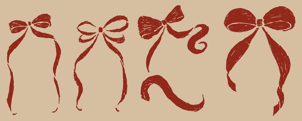 This vintage inspired bow illustration set features hand-drawn, textured ribbons in a retro aesthetic. The elegant brushstroke effect and warm earthy tones create a timeless, artistic, and organic