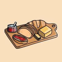 Breakfast spread with bread, butter, and berry jam on a cutting board vector