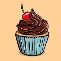 Delicious cupcakes with chocolate cream topping and red cherries vector