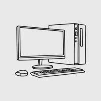 Desktop computer set up with monitor, keyboard, and mouse. Thin line illustration. vector