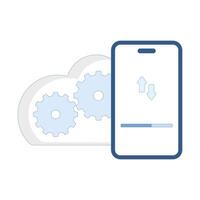 cloud computing concept, data transfer, software update and mobile device setup. cloud with smartphone hardware and screen. restoring or syncing apps on new device. flat design illustration. vector
